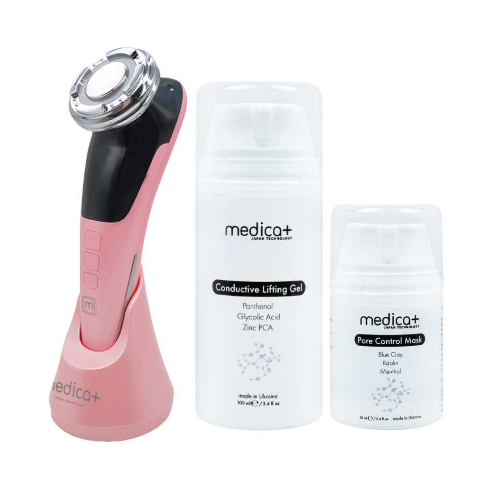 Набір Мікрострумовий RF Lifting Масажер для обличчя Skin Lifting 7.0 Pink + Струмопровідний гель + Порозвужувальна маска для обличчя MEDICA+